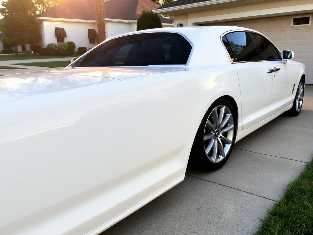 Same white sedan glossy and clean after exterior detailing