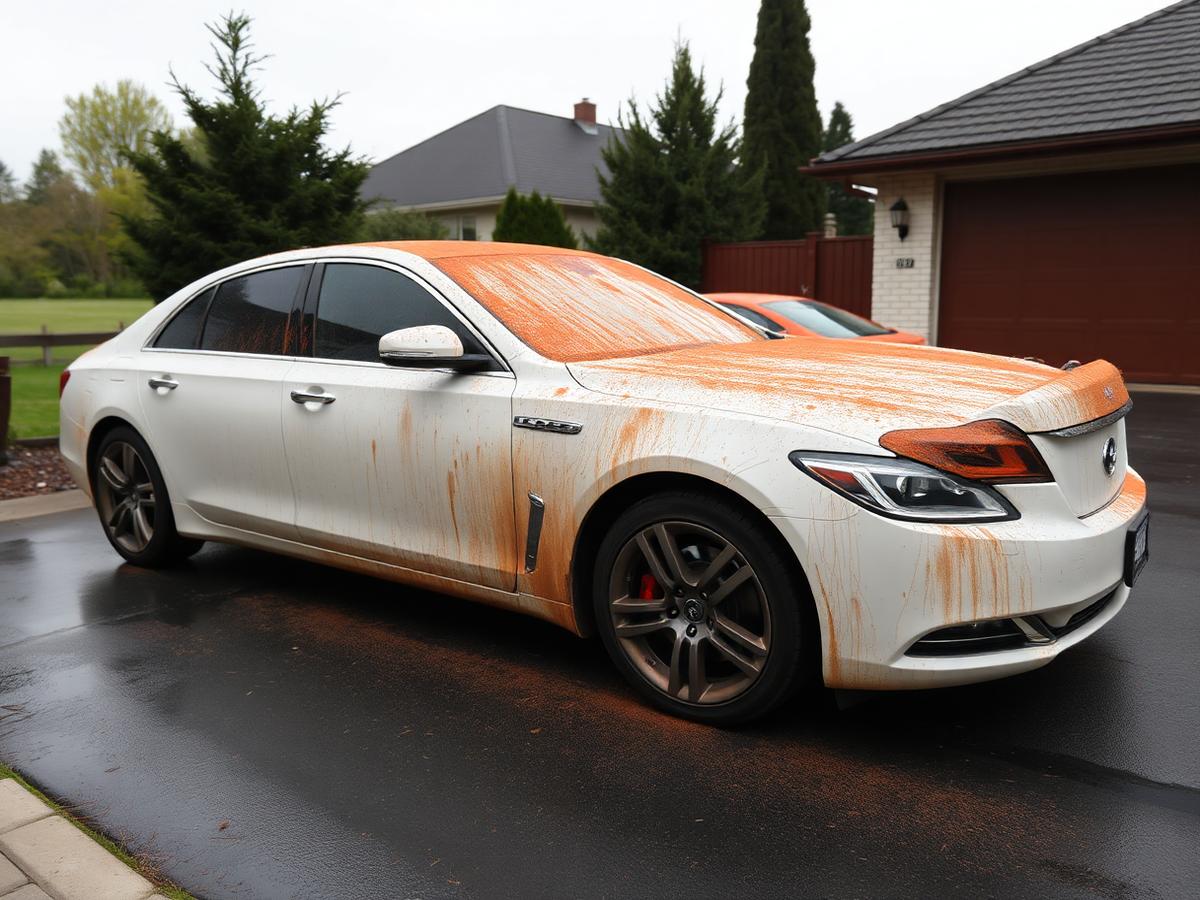 White sedan covered in road grime before exterior detailing