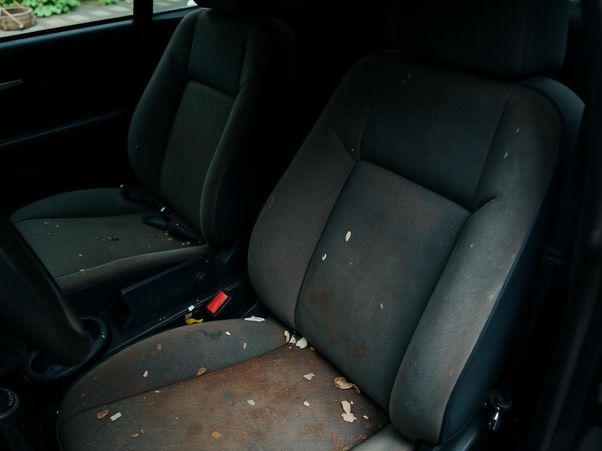 Stained and dirty car seats before interior detailing
