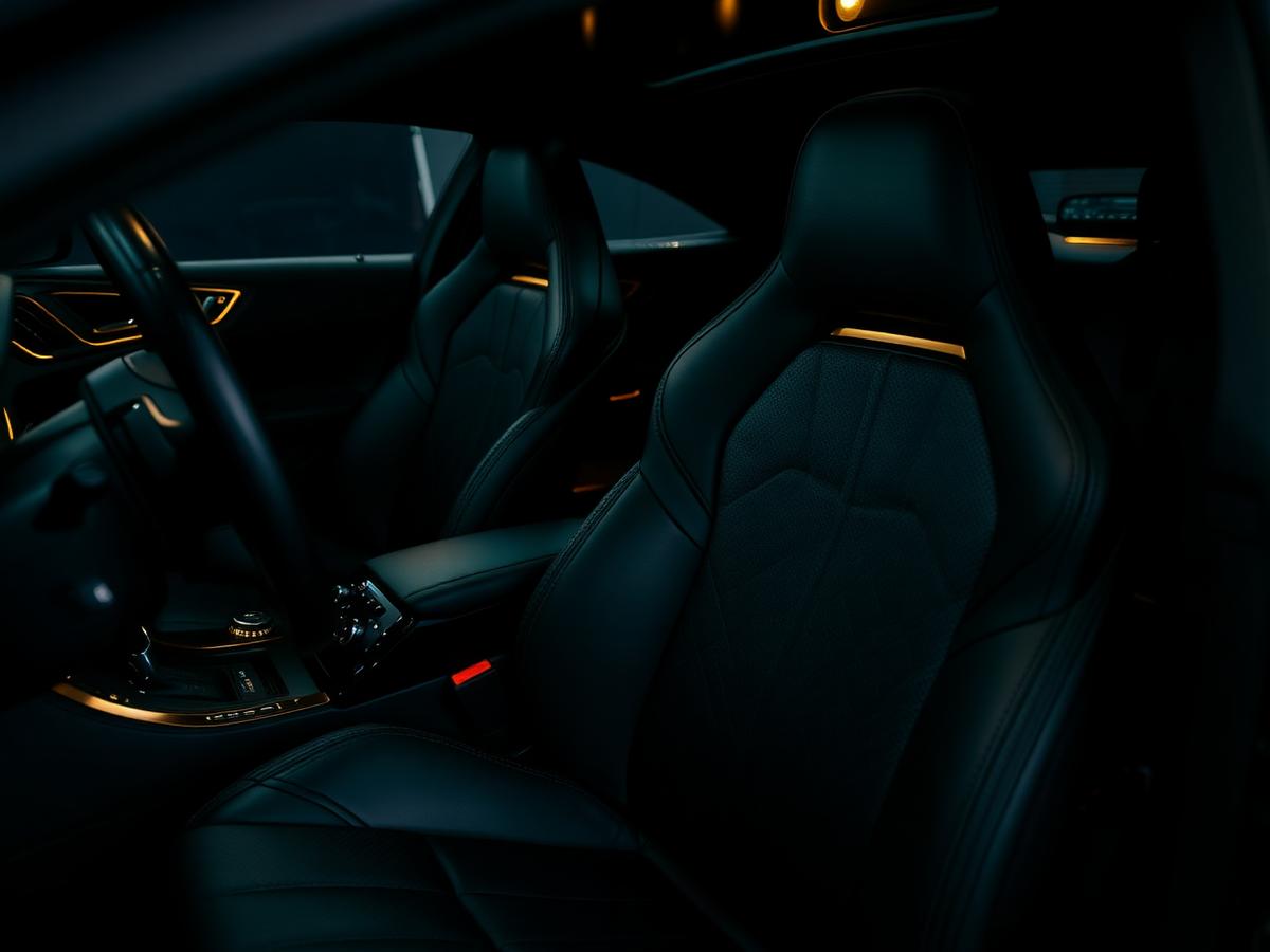 Detailed luxury car interior with clean black leather seats