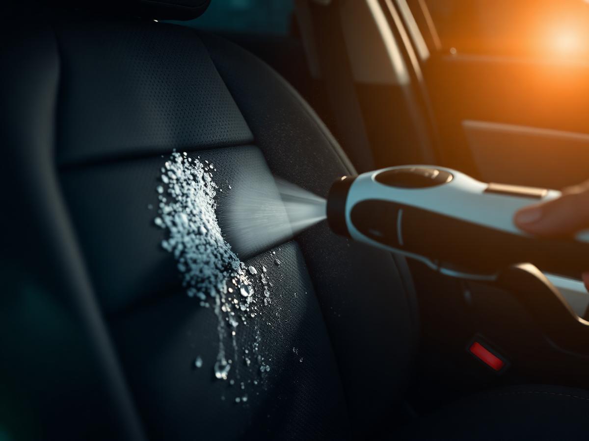 Steam cleaning a car seat during an interior detail